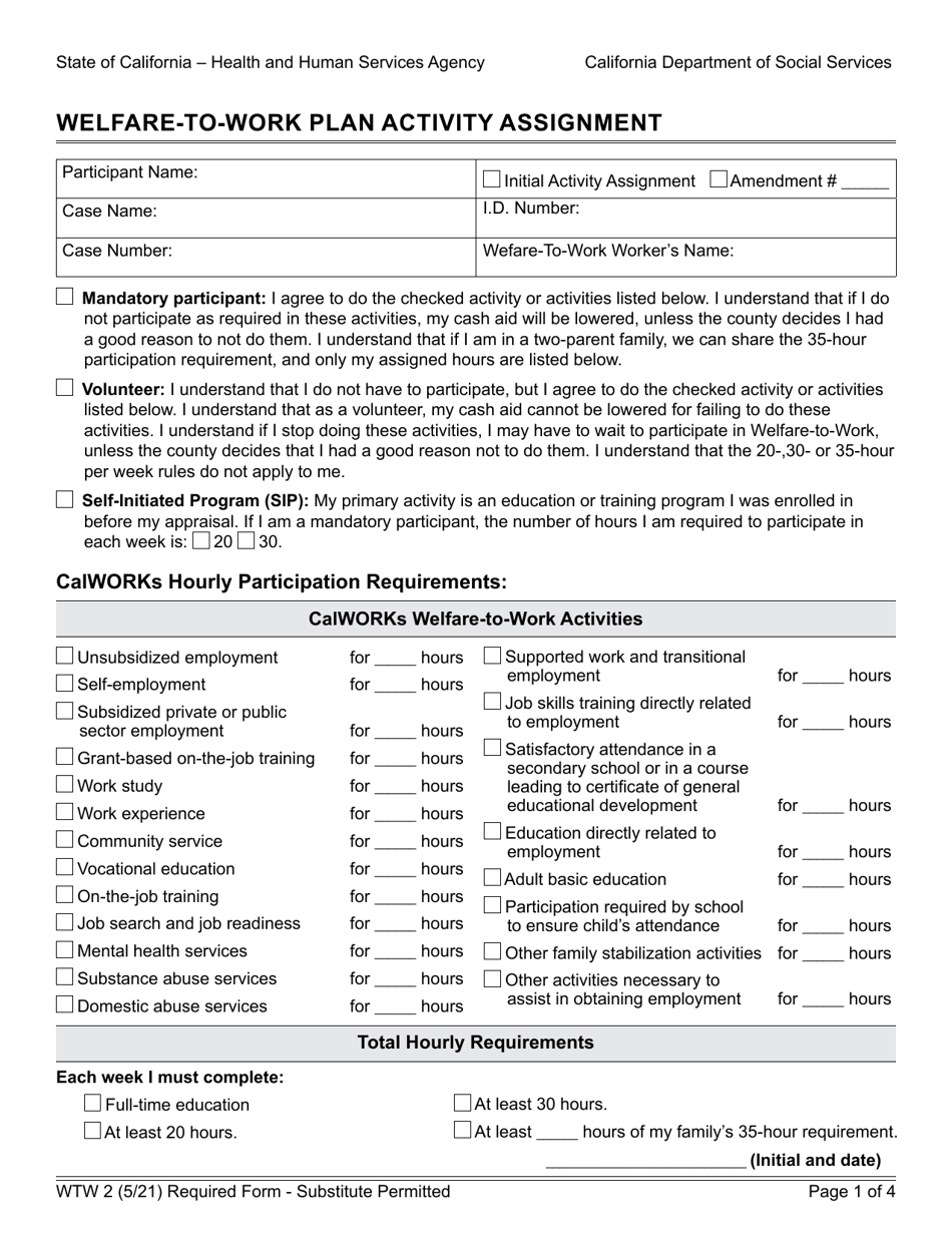 Form WTW2 Welfare-To-Work Plan Activity Assignment - California, Page 1