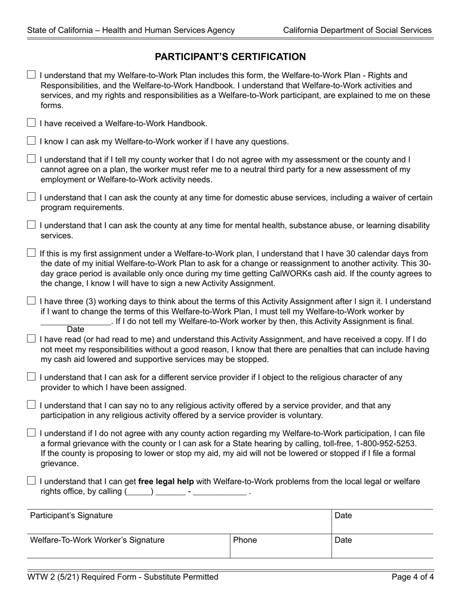 Form WTW2 Welfare-To-Work Plan Activity Assignment - California, Page 4