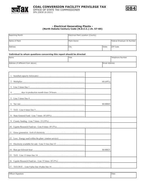 Form SFN25830 Coal Conversion Facility Privilege Tax - North Dakota