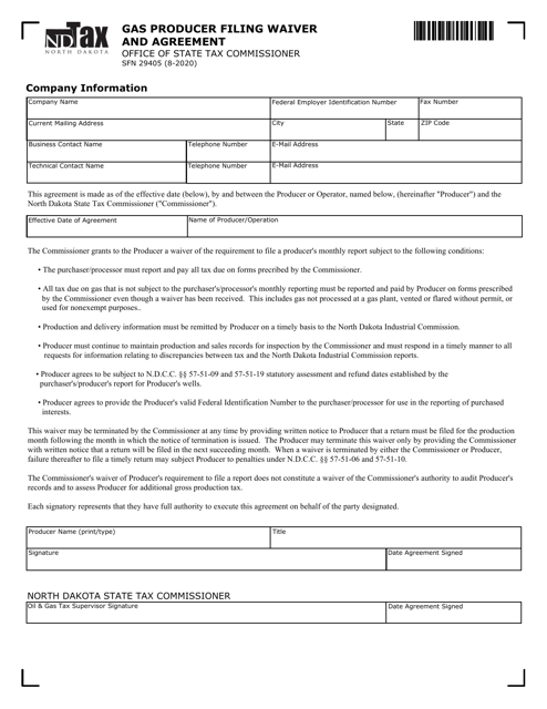 Form SFN29405 Gas Producer Filing Waiver and Agreement - North Dakota
