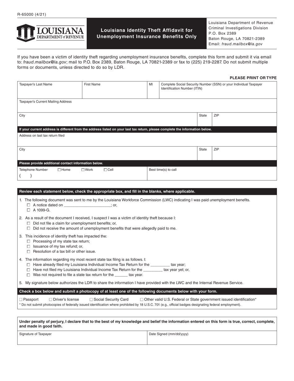 Form R-65000 Louisiana Identity Theft Affidavit for Unemployment Insurance Benefits Only - Louisiana, Page 1