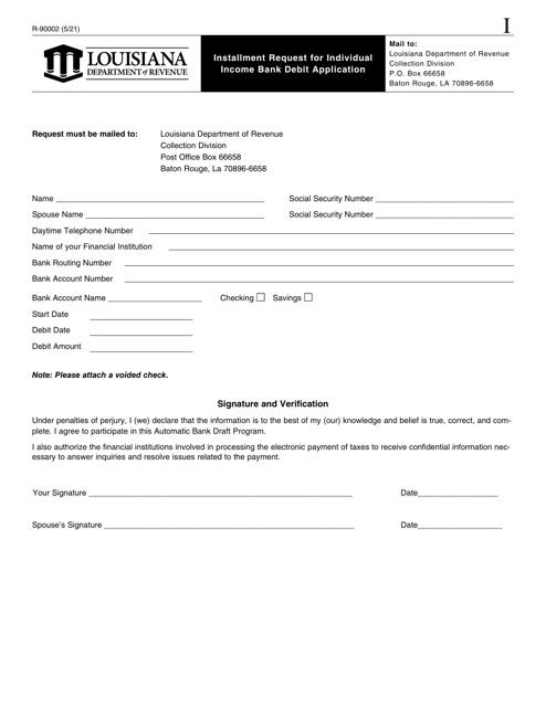 Form R-90002 Installment Request for Individual Income Bank Debit Application - Louisiana