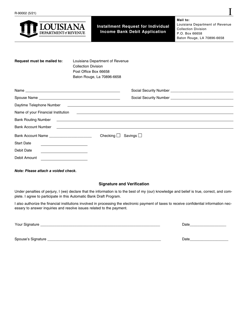 Form R-90002 Installment Request for Individual Income Bank Debit Application - Louisiana, Page 1