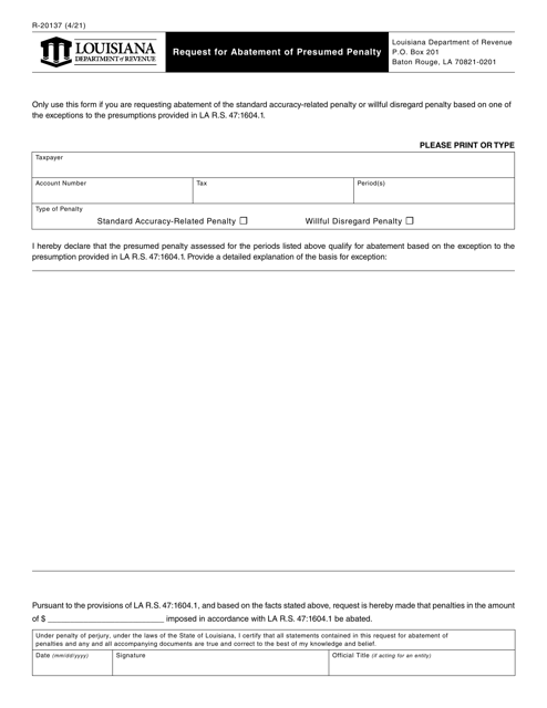 Form R-20137 Request for Abatement of Presumed Penalty - Louisiana