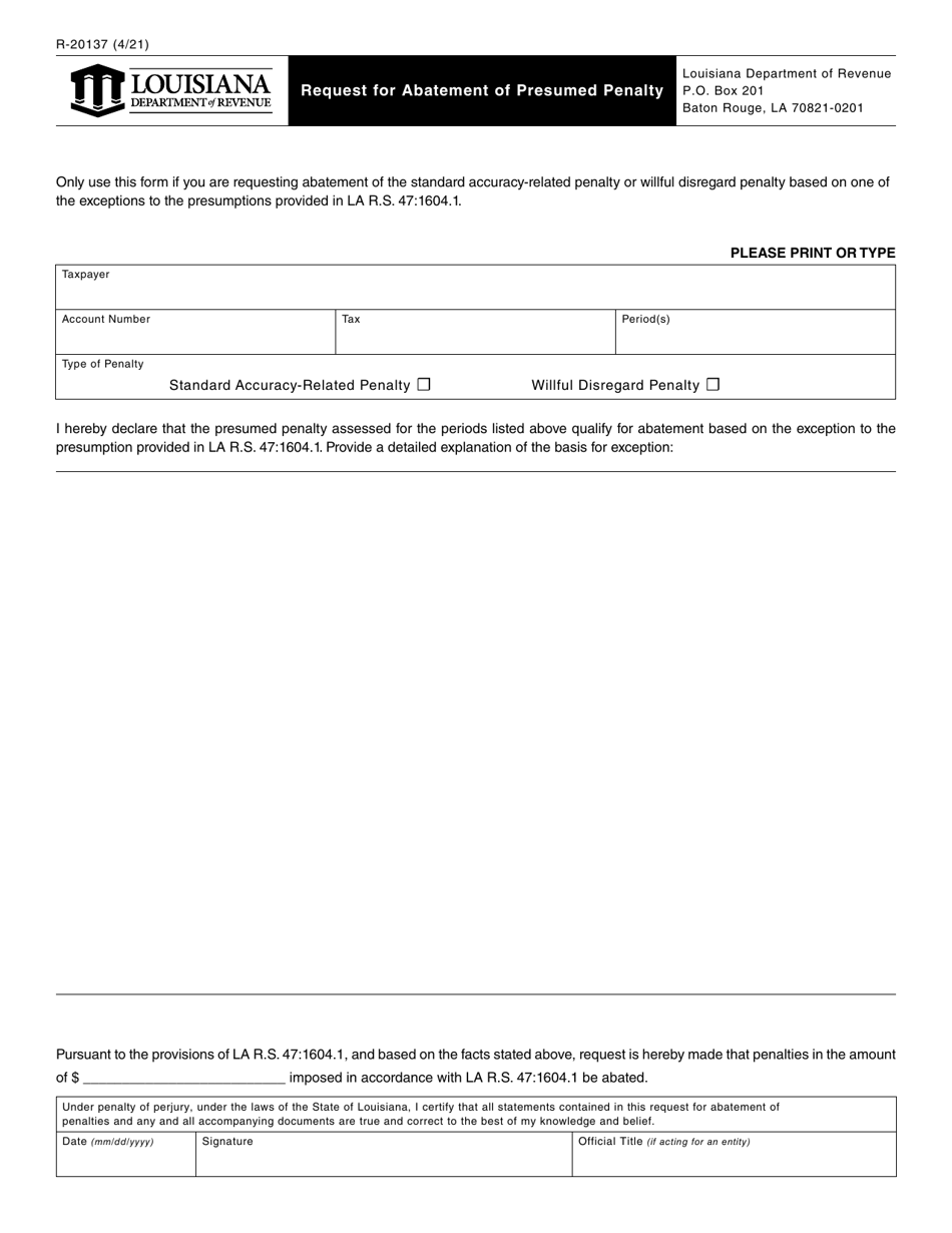 Form R-20137 Request for Abatement of Presumed Penalty - Louisiana, Page 1