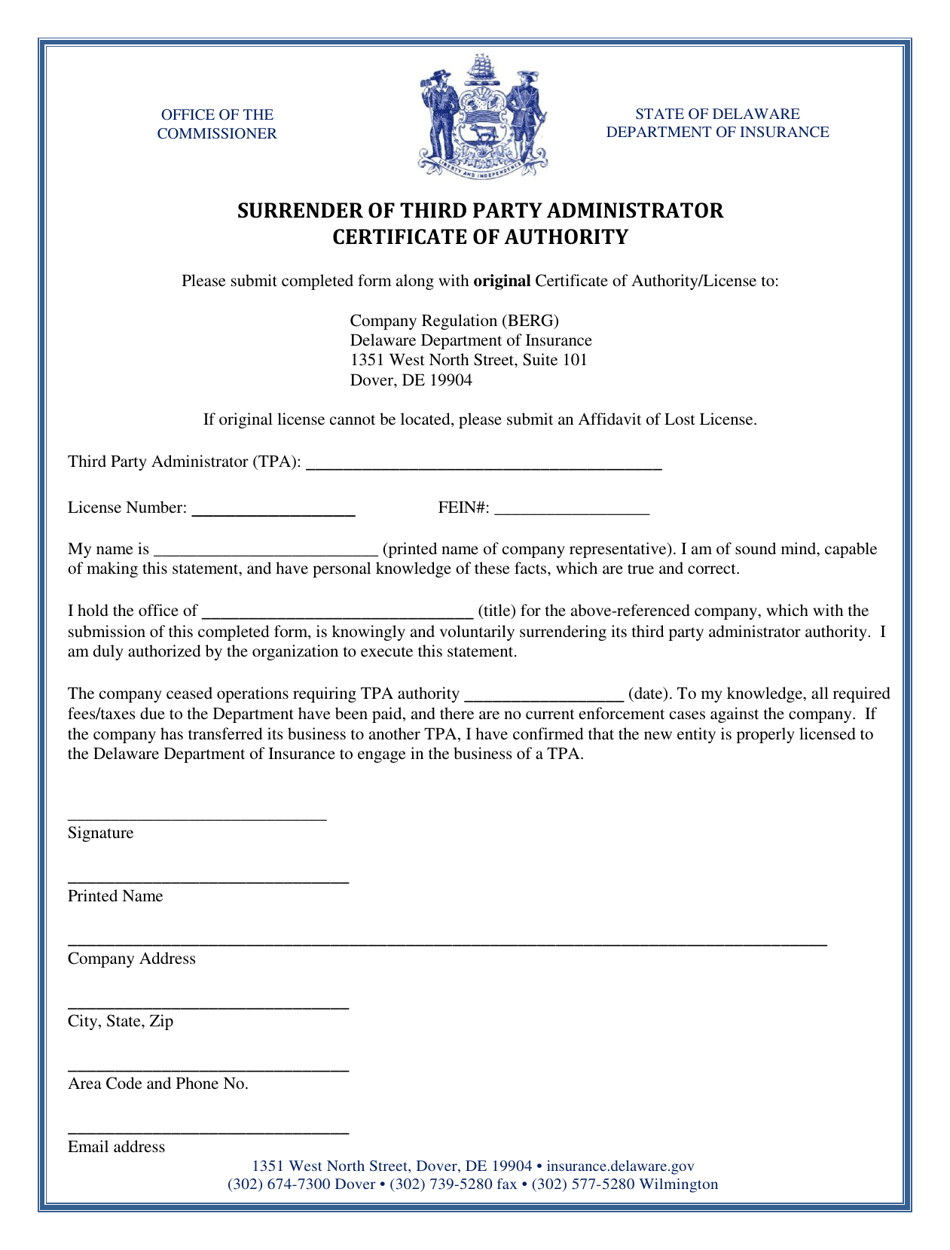 Surrender of Third Party Administrator Certificate of Authority - Delaware, Page 1
