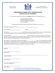 Document preview: Surrender of Third Party Administrator Certificate of Authority - Delaware