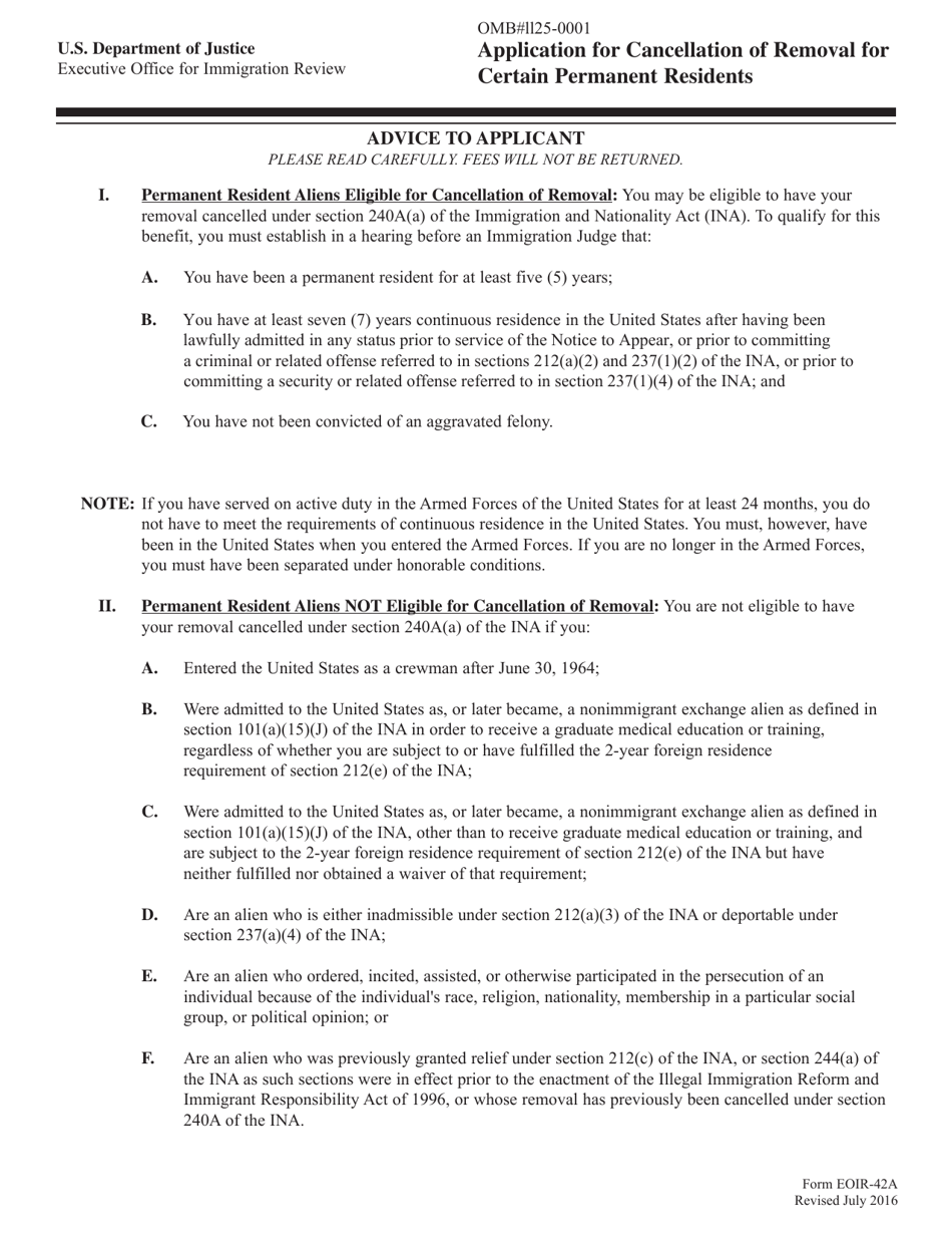 Form EOIR-42A Application for Cancellation of Removal for Certain Permanent Residents, Page 1