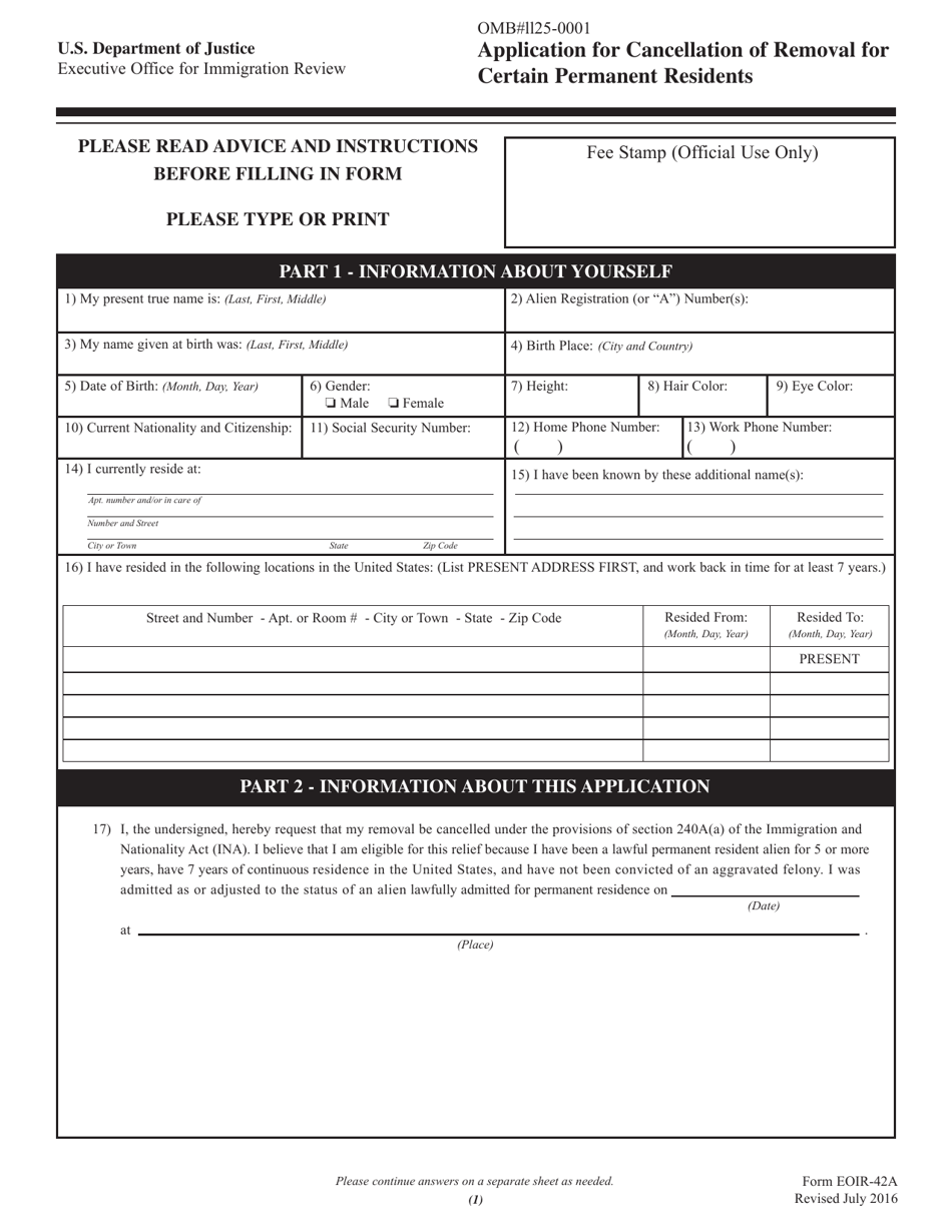 Form EOIR-42A - Fill Out, Sign Online And Download Fillable PDF ...