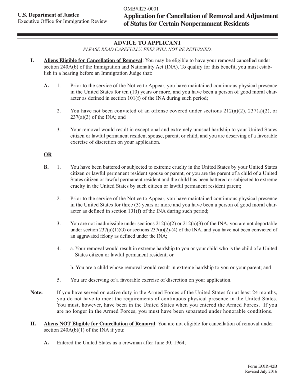 Form EOIR-42B Application for Cancellation of Removal and Adjustment of Status for Certain Nonpermanent Residents, Page 1