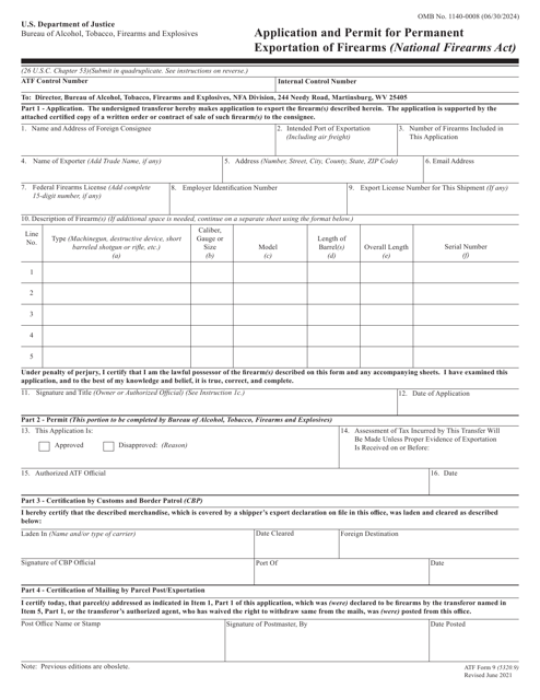 ATF Form 9 (5320.9) Application and Permit for Permanent Exportation of Firearms