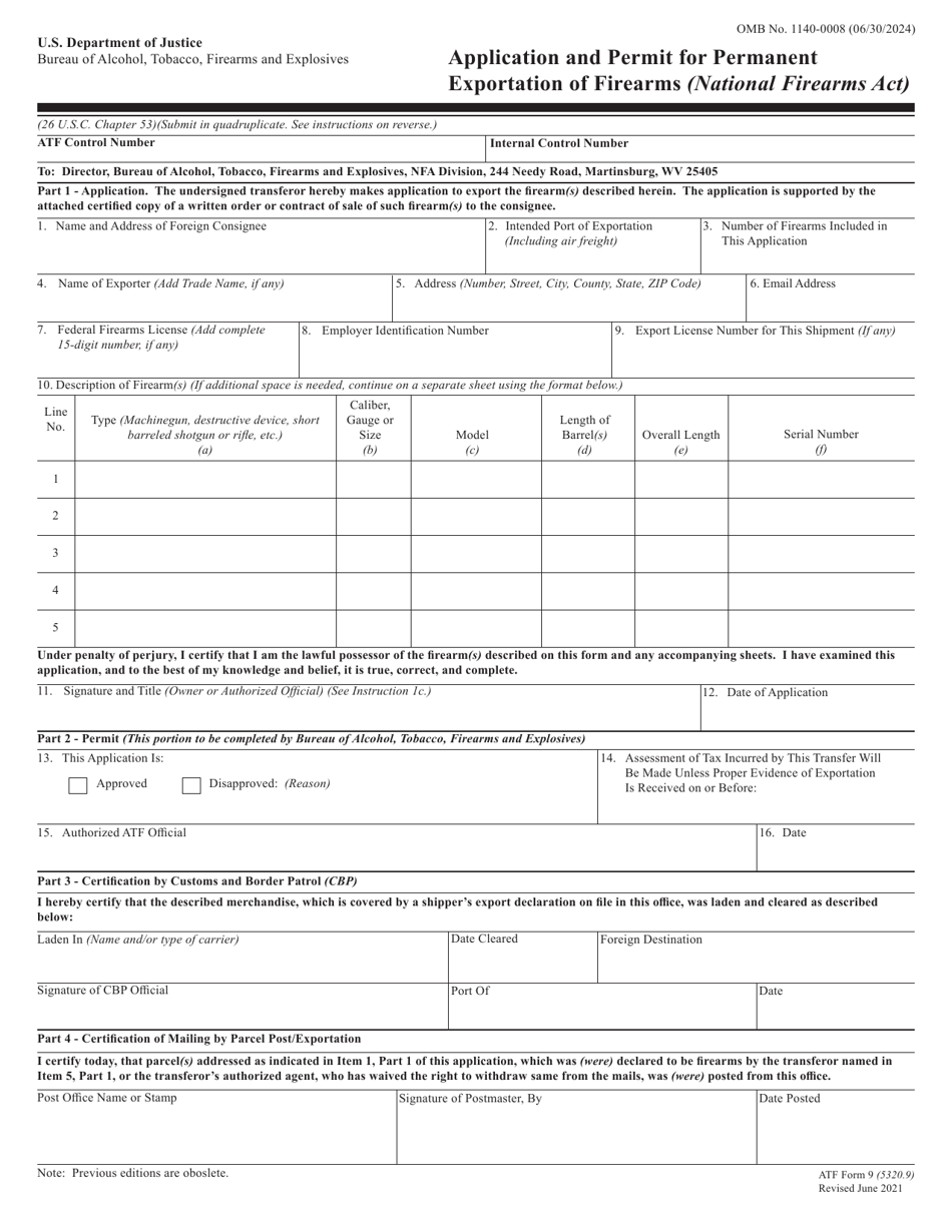 ATF Form 9 (5320.9) Application and Permit for Permanent Exportation of Firearms, Page 1