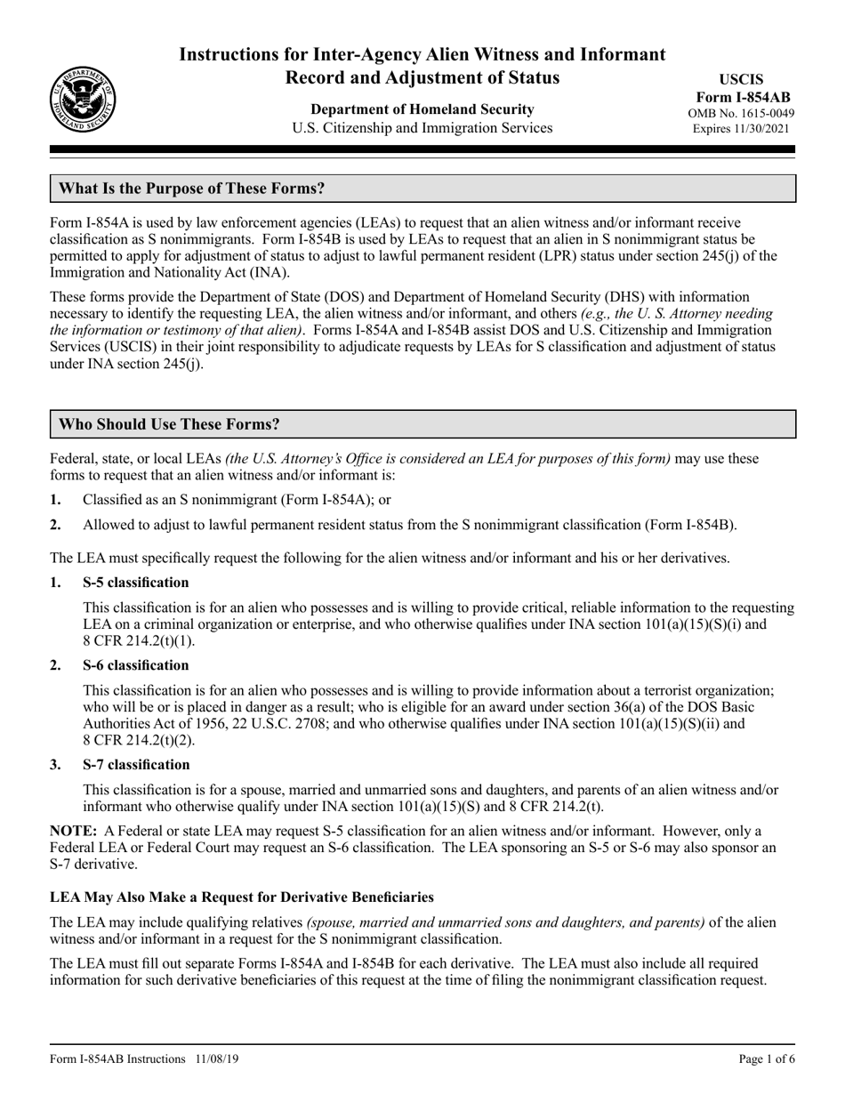 Instructions for USCIS Form I-854A, I-854B, Page 1