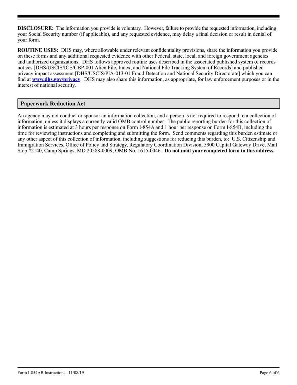 Instructions for USCIS Form I-854A, I-854B, Page 6