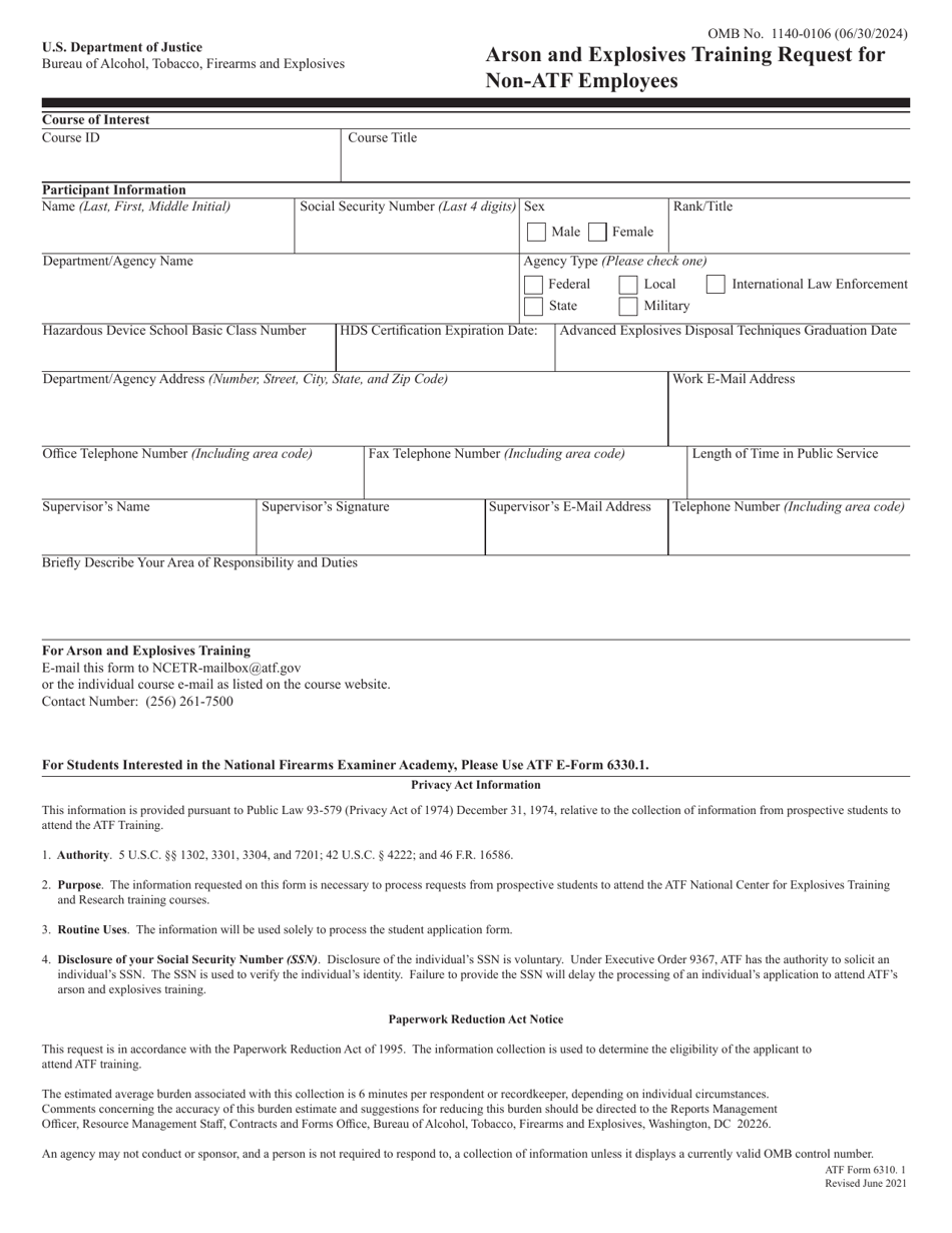 ATF Form 6310.1 Arson and Explosives Training Request for Non-ATF Employees, Page 1