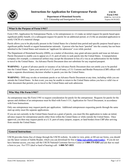USCIS Form I-941  Printable Pdf