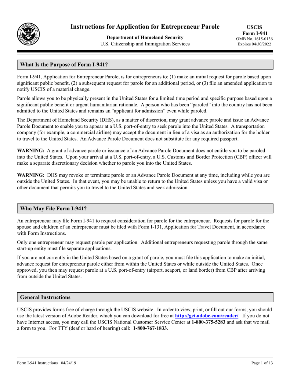 Download Instructions for USCIS Form I941 Application for Entrepreneur