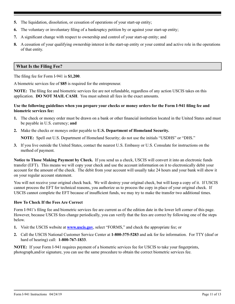 Instructions for USCIS Form I-941 Application for Entrepreneur Parole, Page 11