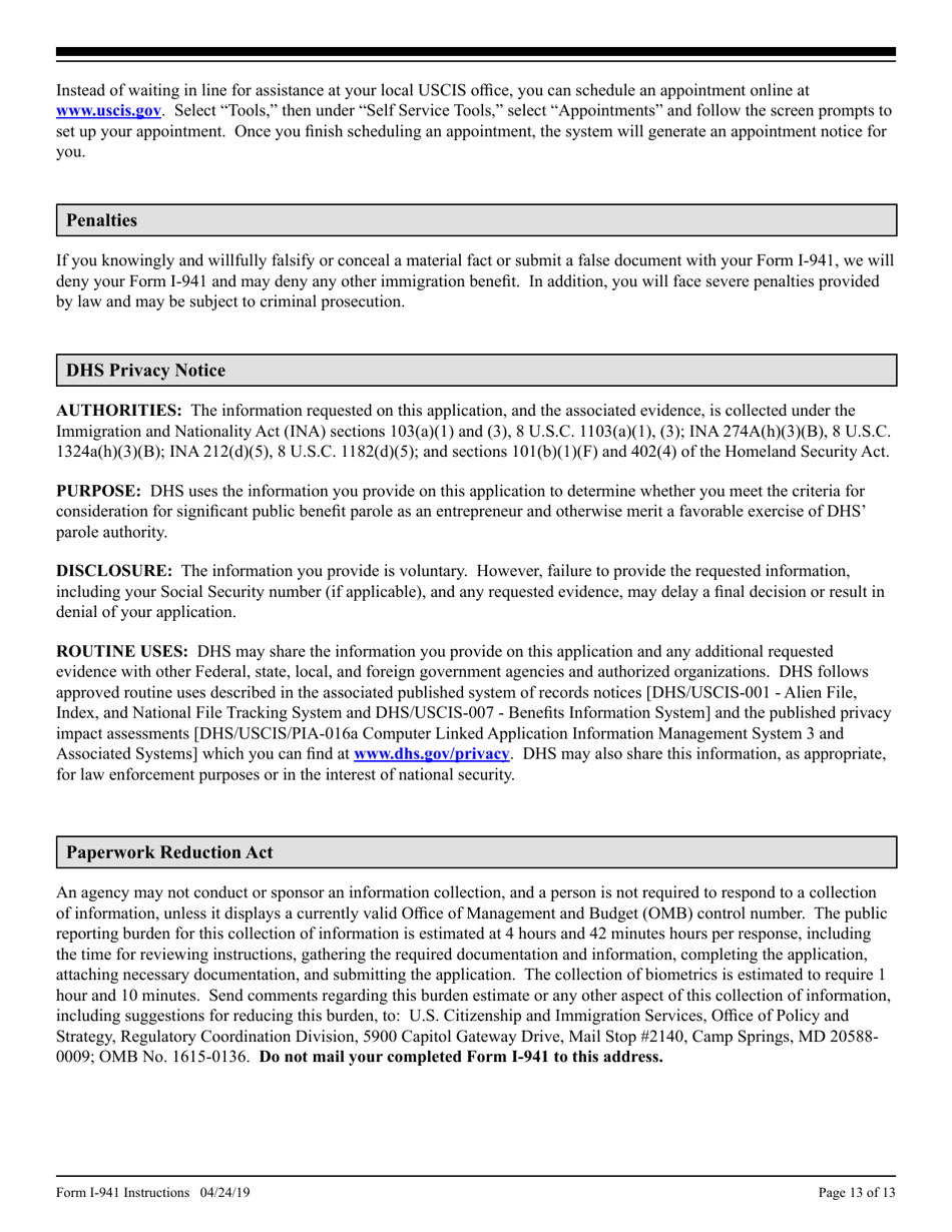 Instructions for USCIS Form I-941 Application for Entrepreneur Parole, Page 13