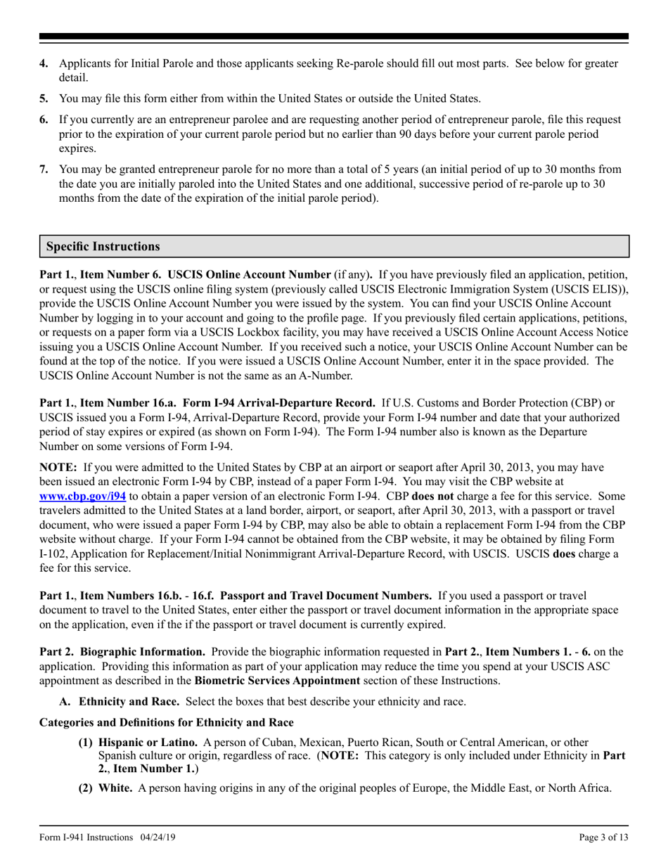 Instructions for USCIS Form I-941 Application for Entrepreneur Parole, Page 3