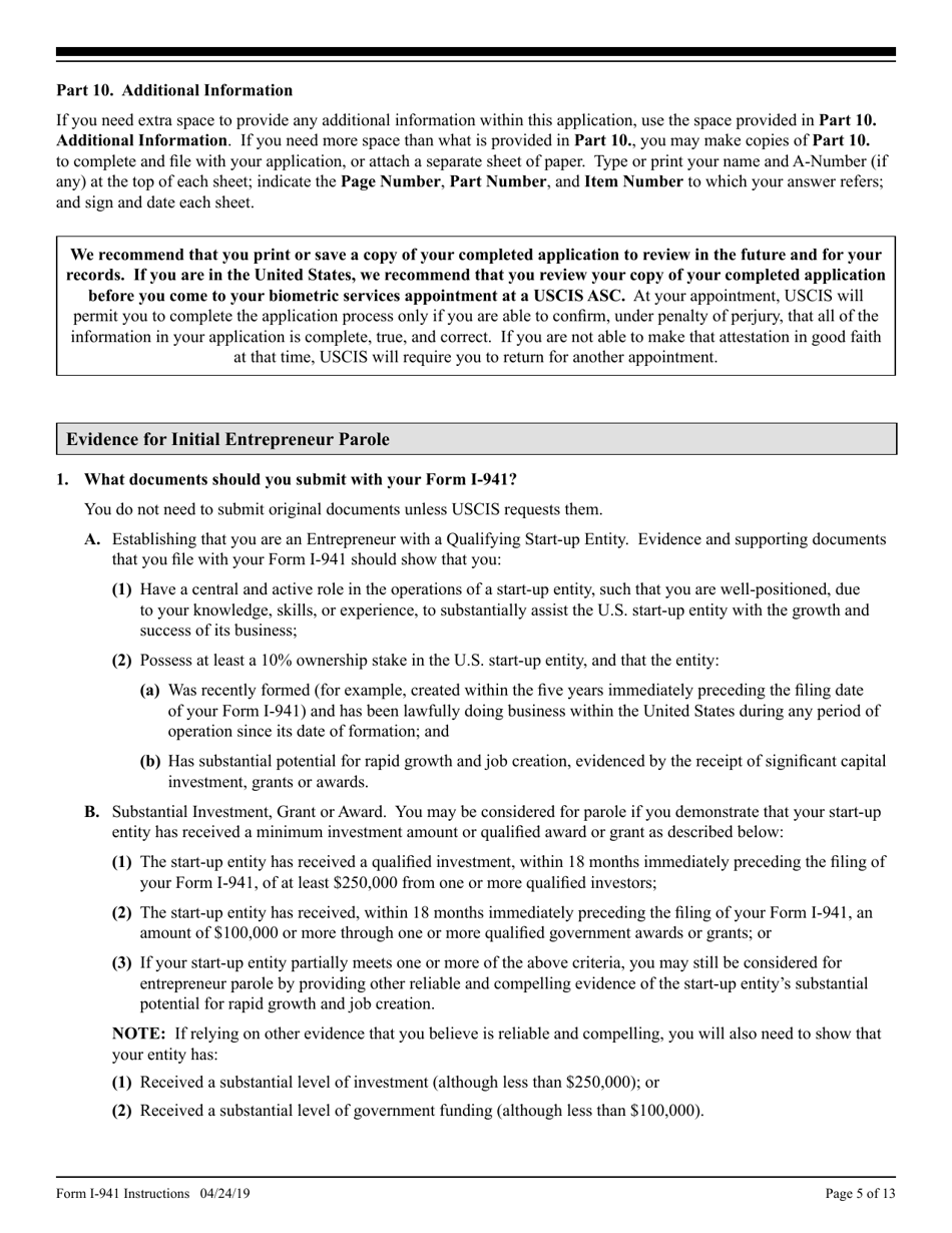 Instructions for USCIS Form I-941 Application for Entrepreneur Parole, Page 5