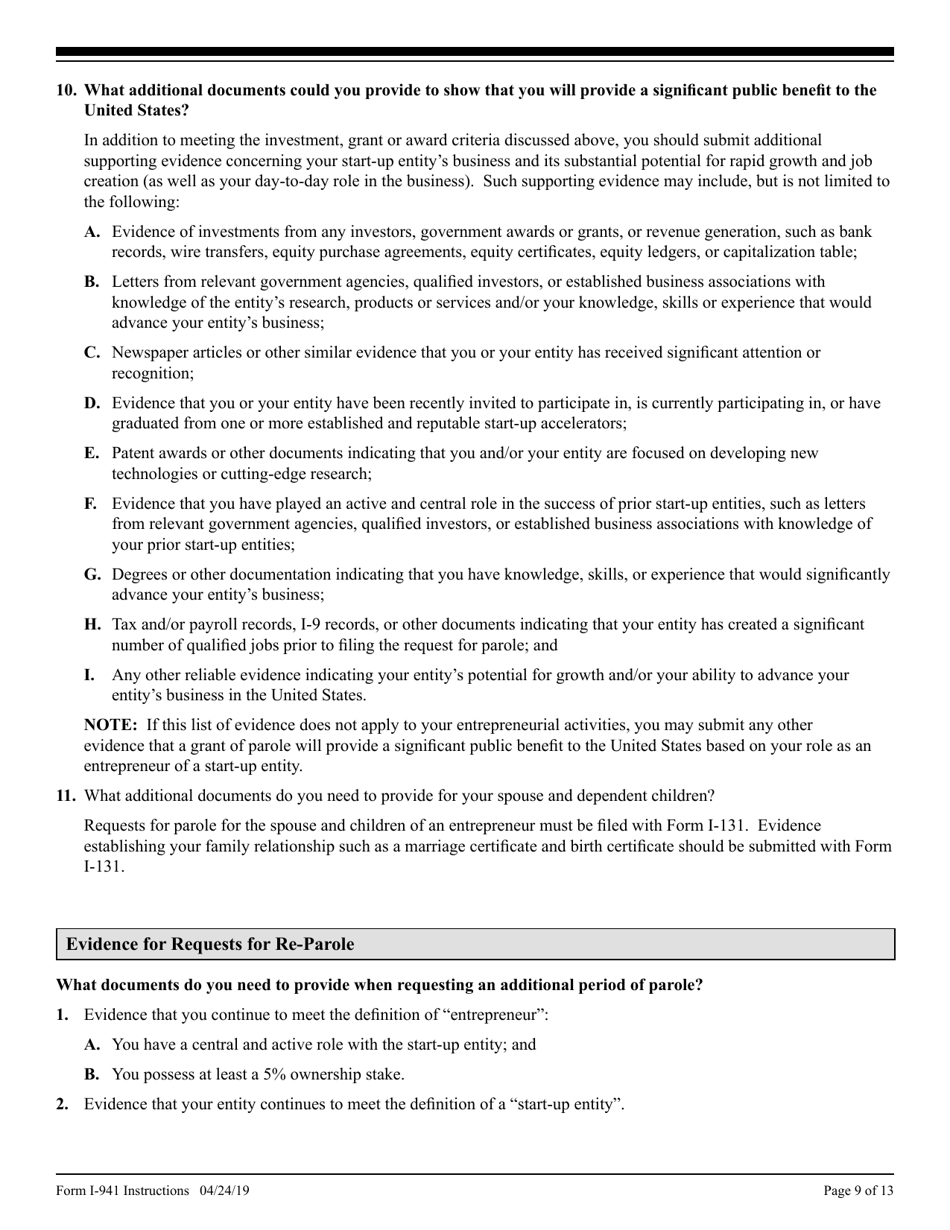 Instructions for USCIS Form I-941 Application for Entrepreneur Parole, Page 9