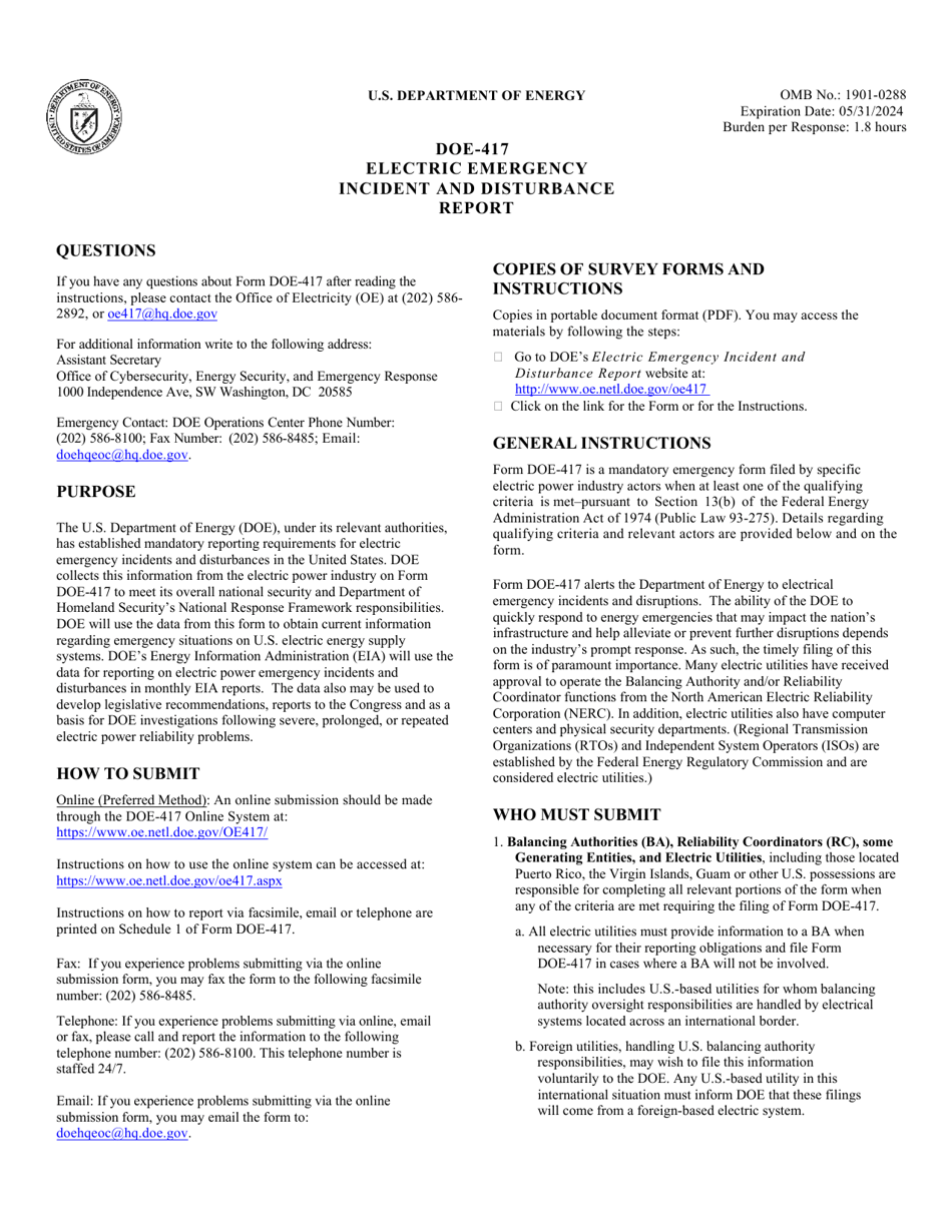Instructions for Form DOE-417 Electric Emergency Incident and Disturbance Report, Page 1