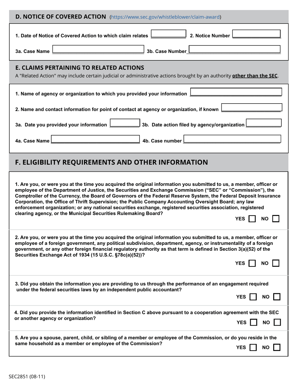 SEC Form 2851 (WB-APP) Application for Award for Original Information Submitted Pursuant to Section 21f of the Securities Exchange Act of 1934, Page 2