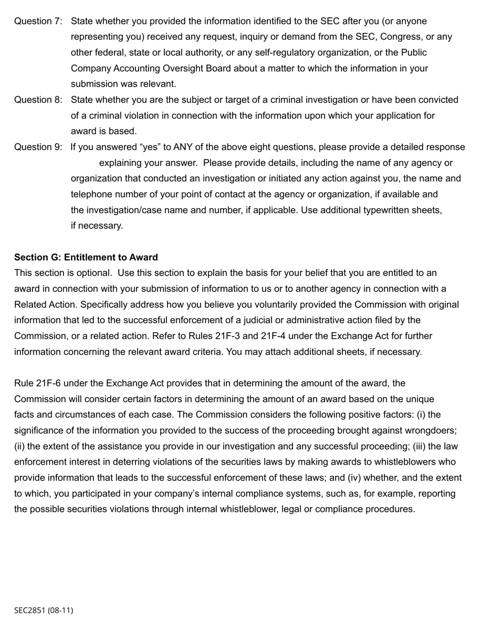 SEC Form 2851 (WB-APP) Application for Award for Original Information Submitted Pursuant to Section 21f of the Securities Exchange Act of 1934, Page 8
