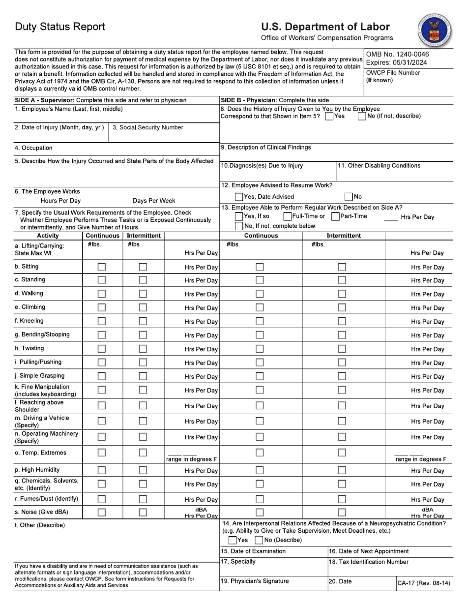Form CA-17 Duty Status Report, Page 1