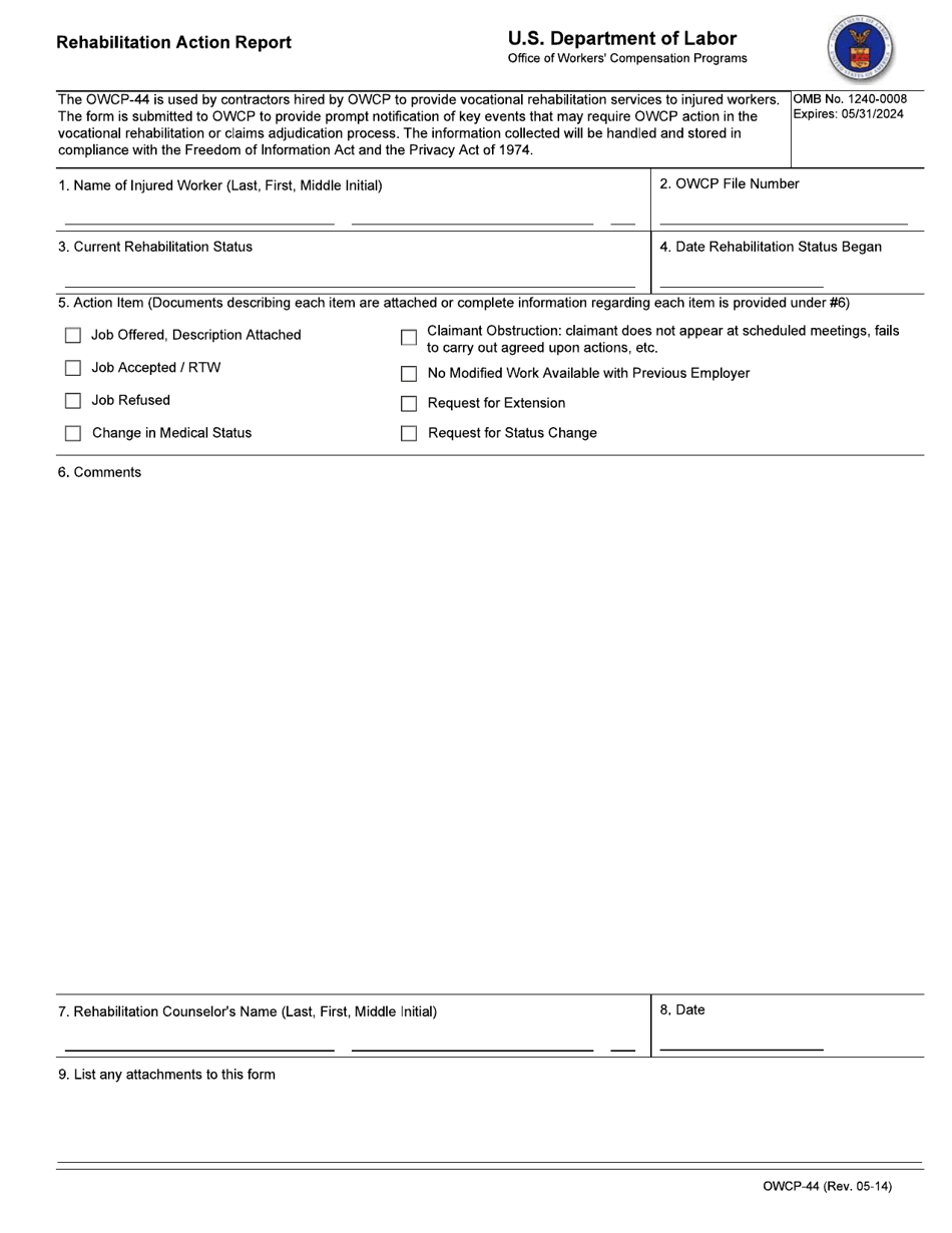 Form OWCP-44 Rehabilitation Action Report, Page 1