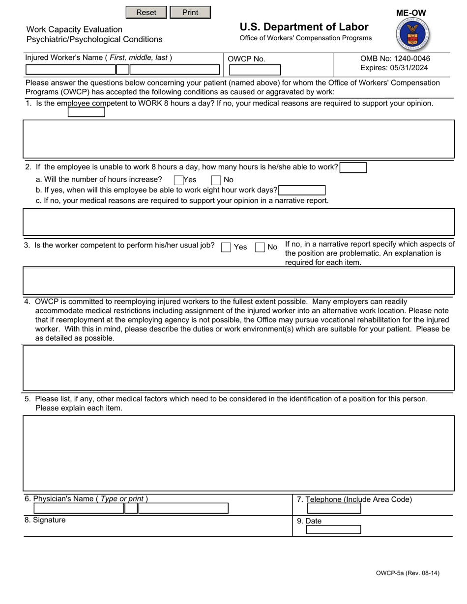 Form OWCP-5A Work Capacity Evaluation - Psychiatric/Psychological Conditions, Page 1