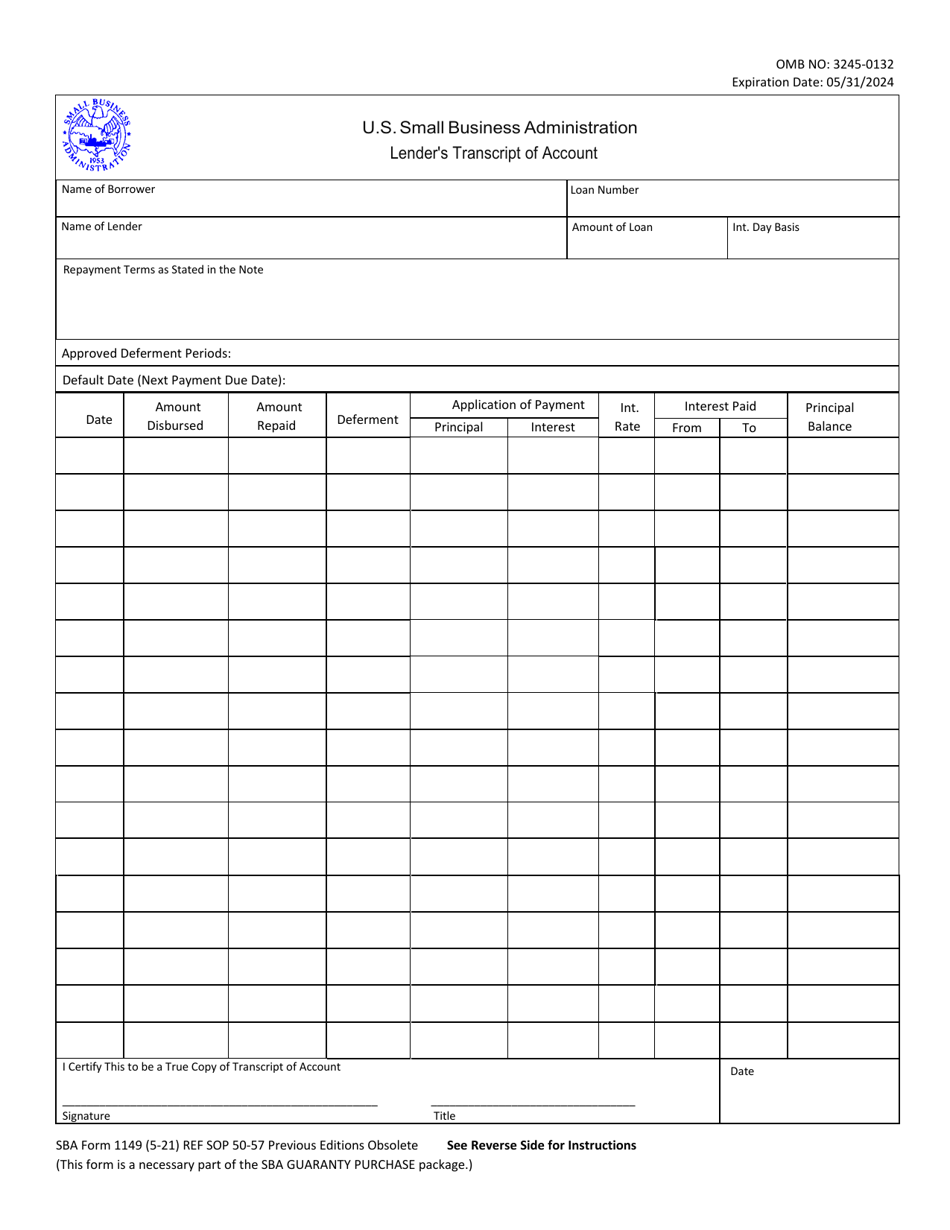 SBA Form 1149 Lenders Transcript of Account, Page 1