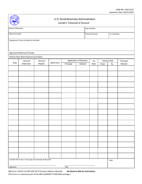 SBA Form 1149 Lender's Transcript of Account