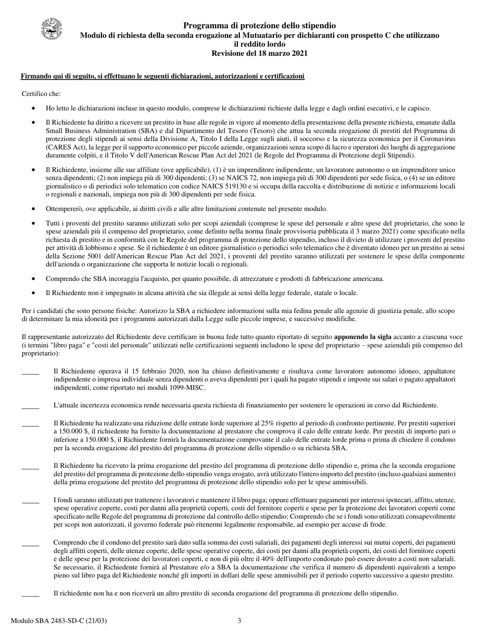 SBA Form 2483-SD-C Second Draw Borrower Application Form for Schedule C Filers Using Gross Income (Italian), Page 3