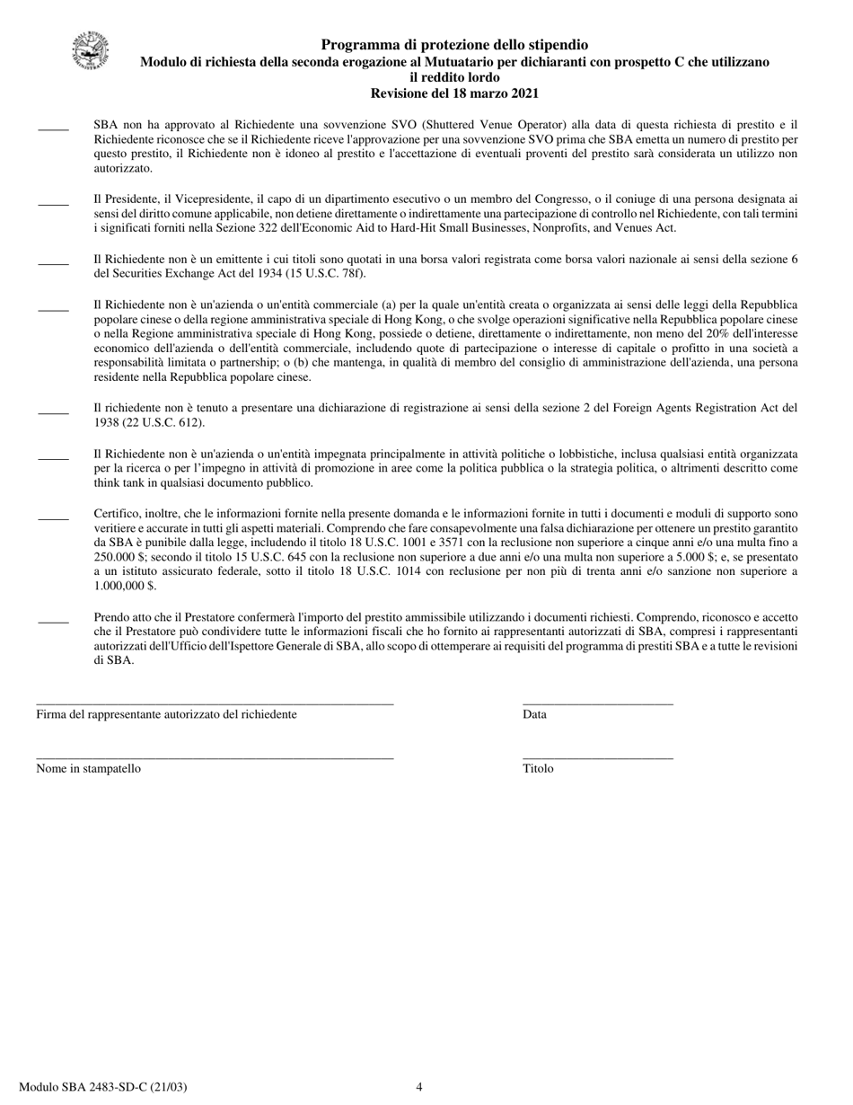 SBA Form 2483-SD-C Second Draw Borrower Application Form for Schedule C Filers Using Gross Income (Italian), Page 4
