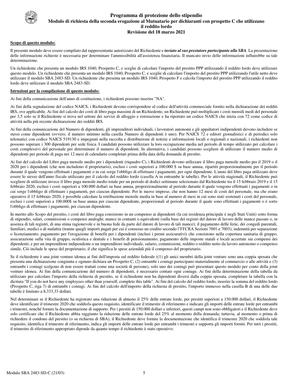 SBA Form 2483-SD-C Second Draw Borrower Application Form for Schedule C Filers Using Gross Income (Italian), Page 5