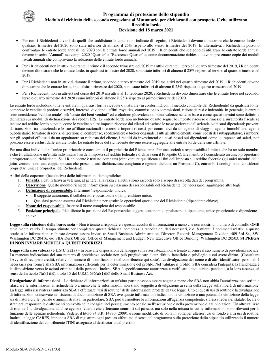 SBA Form 2483-SD-C Second Draw Borrower Application Form for Schedule C Filers Using Gross Income (Italian), Page 6