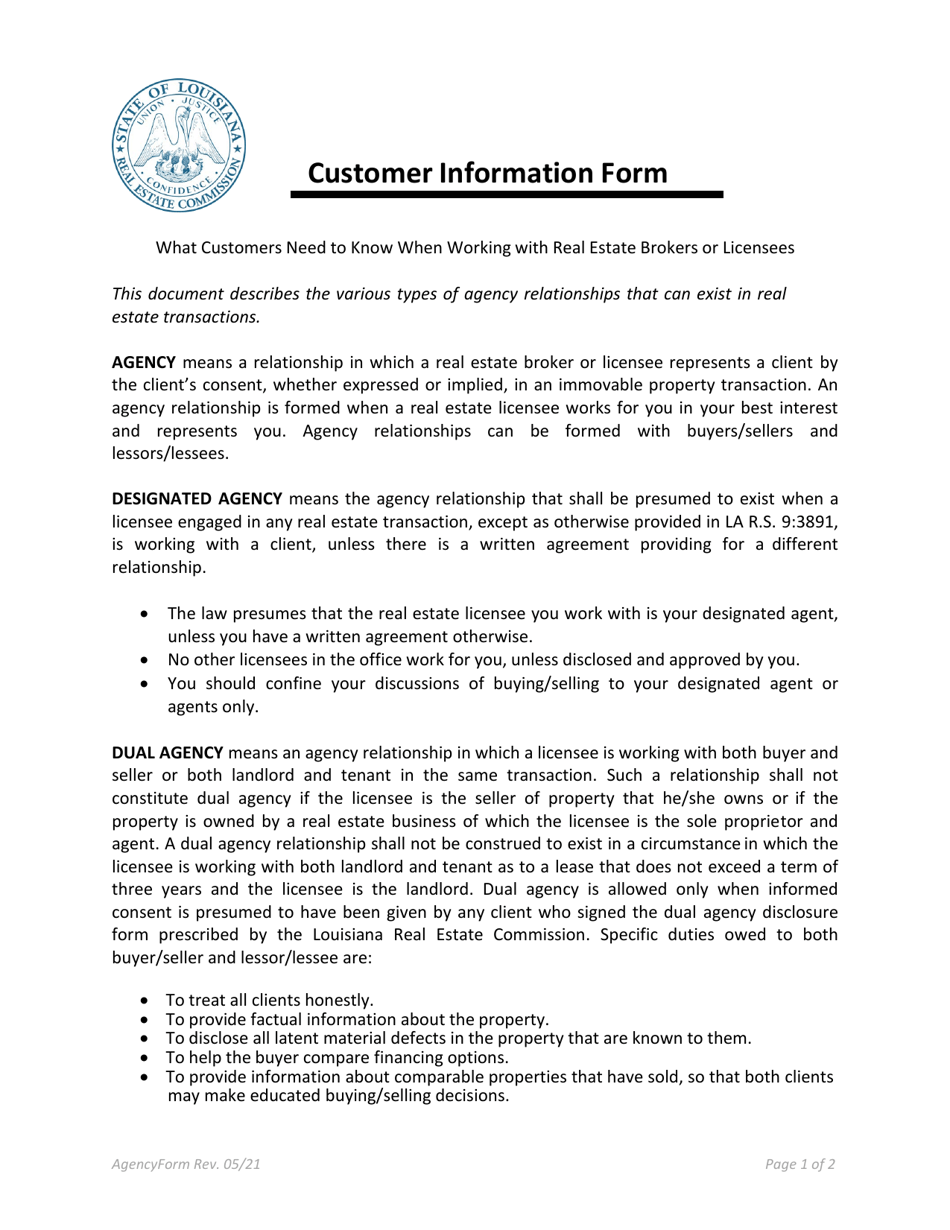 Customer Information Form - Louisiana, Page 1