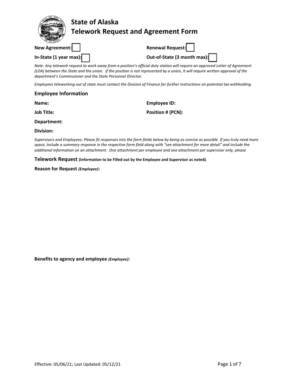 Telework Request and Agreement Form - Alaska, Page 1