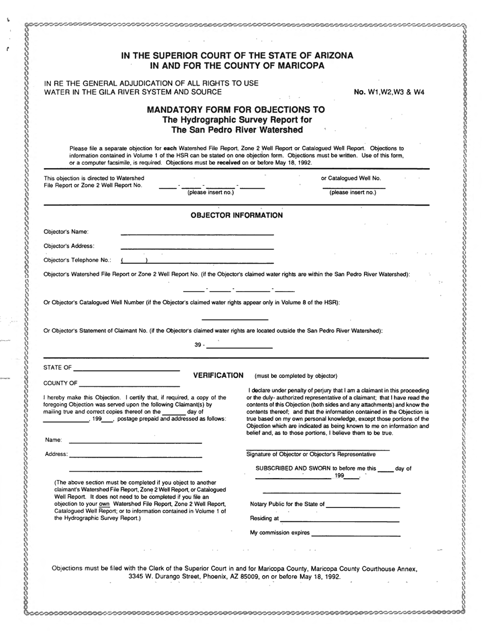 Mandatory Form for Objections to the Hydrographic Survey Report for the San Pedro River Watershed - County of Maricopa, Arizona, Page 1