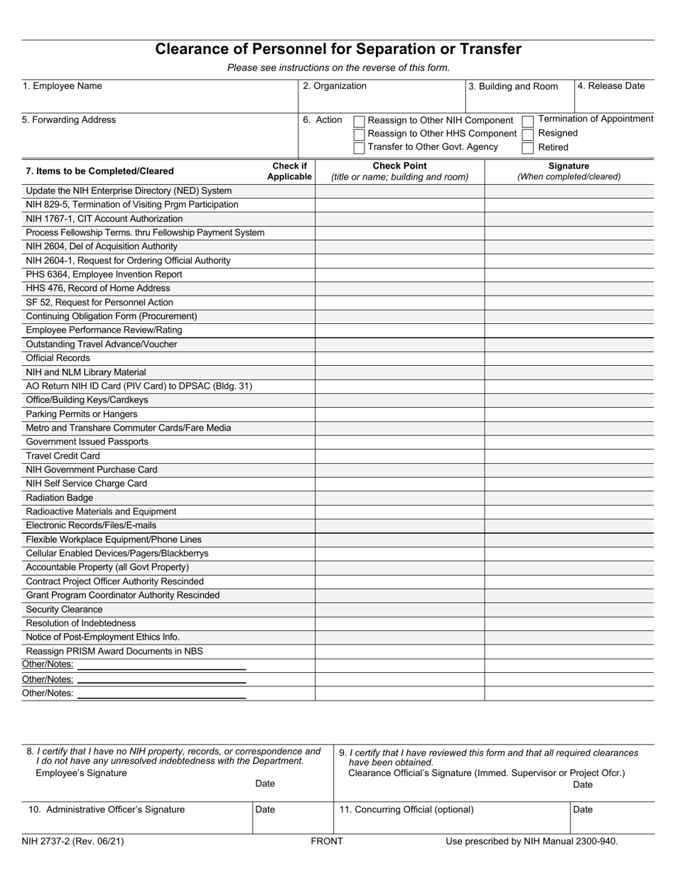 Form NIH2737-2 Clearance of Personnel for Separation or Transfer, Page 1