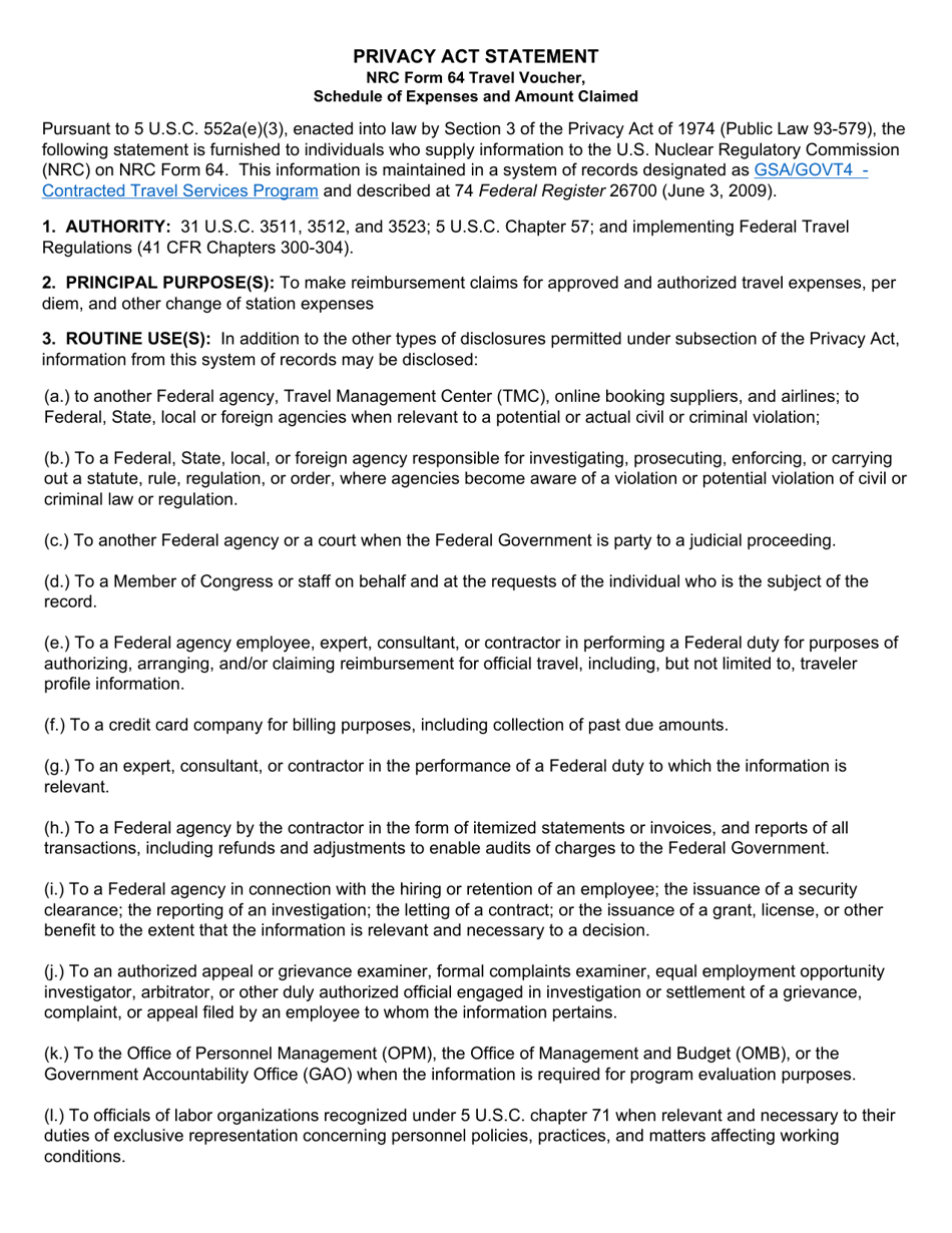 NRC Form 64 Travel Voucher - Schedule of Expenses and Amount Claimed, Page 3