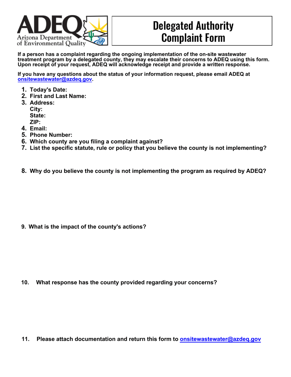 Delegated Authority Complaint Form - Arizona, Page 1