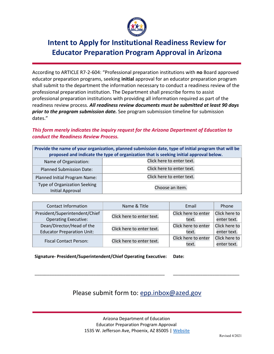 Intent to Apply for Institutional Readiness Review for Educator Preparation Program Approval in Arizona - Arizona, Page 1