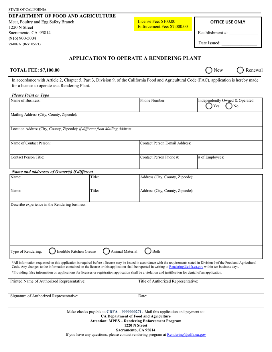 Form 79-007A Application to Operate a Rendering Plant - California, Page 1