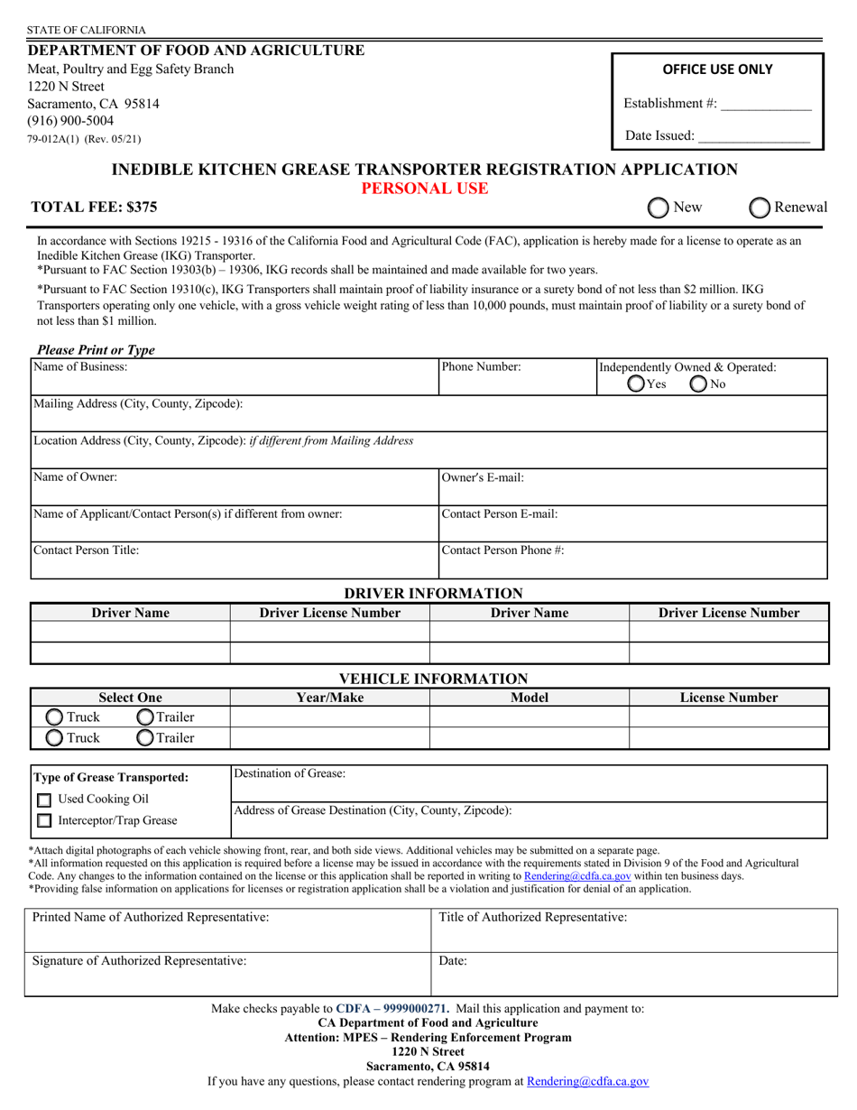 Form 79-012A(1) Inedible Kitchen Grease Transporter Registration Application - Personal Use - California, Page 1