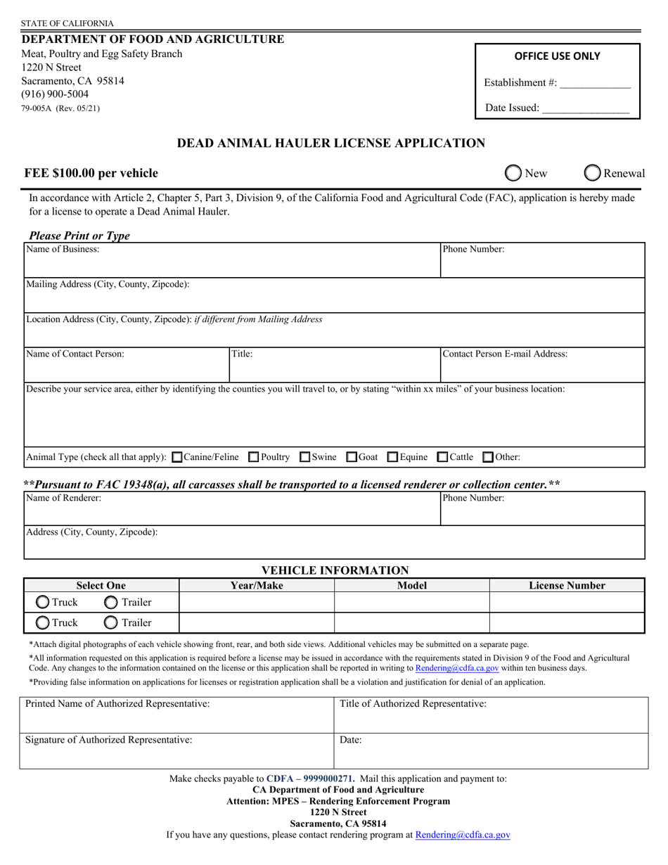 Form 79-005A Dead Animal Hauler License Application - California, Page 1
