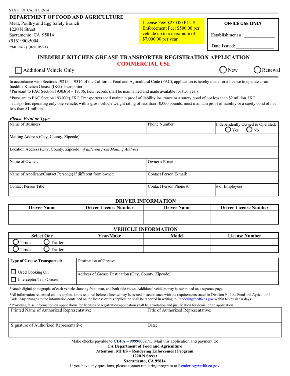 Form 79-012A(2) Inedible Kitchen Grease Transporter Registration Application - Commercial Use - California, Page 1