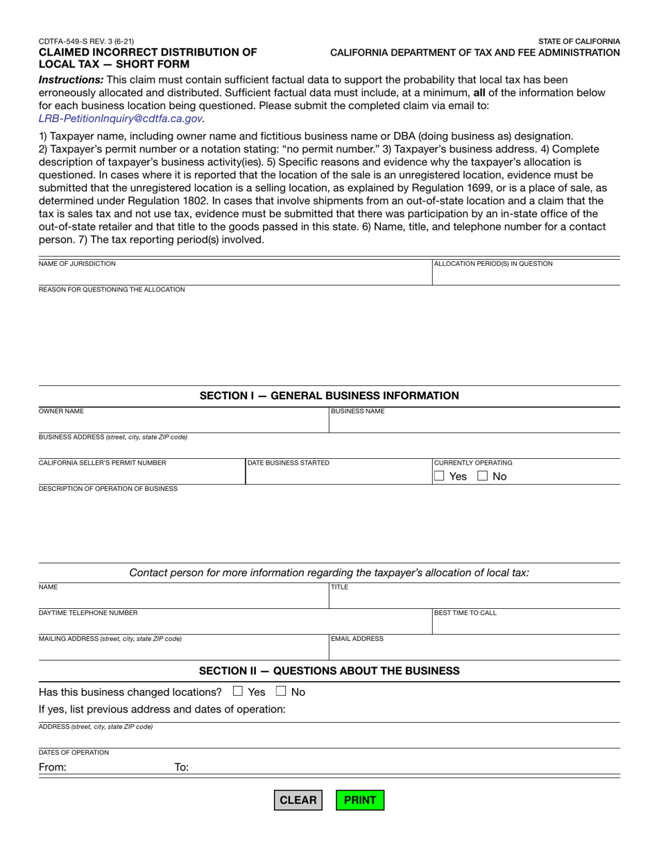 Form CDTFA-549-S Claimed Incorrect Distribution of Local Tax - Short Form - California, Page 1